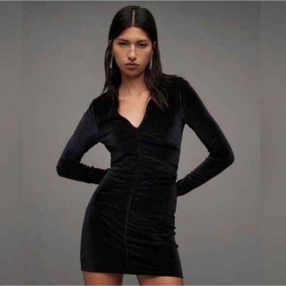 ALL SAINTS black long sleeve velvet mini dress Size 4 - Picture 2 of 14